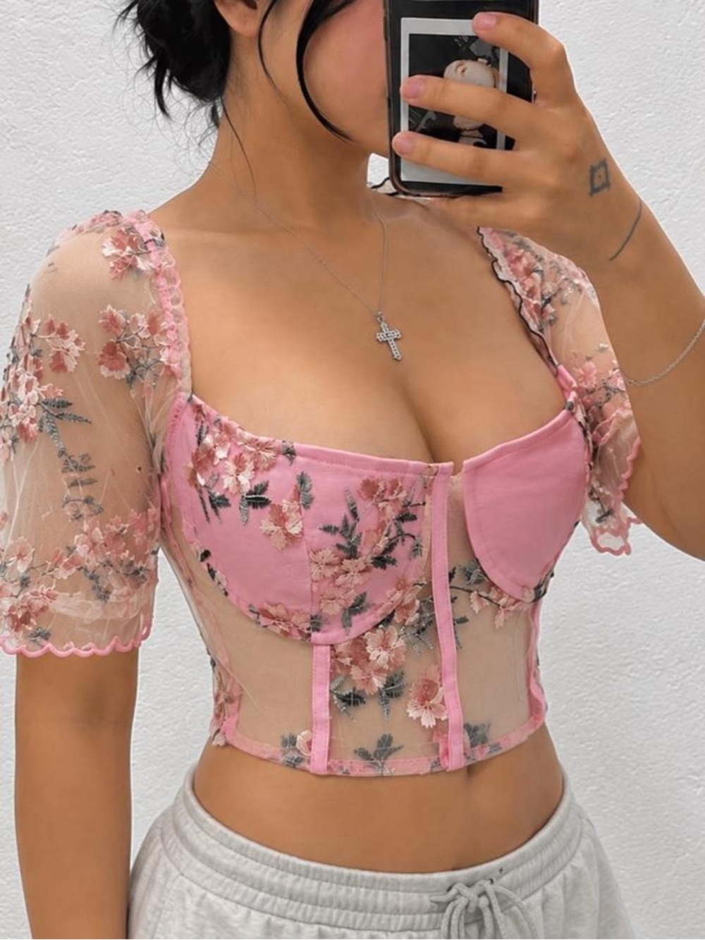 Pink Floral Mesh Corset Top Size M
